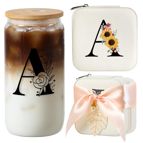 AYGXU christmas gifts for women,Initial glass cup with initial Jewelry Box,Jewelry Case Organizer,iced coffee cups,Travel Gifts for Women Girls,Birthday Gifts,Initial A white - Image 1