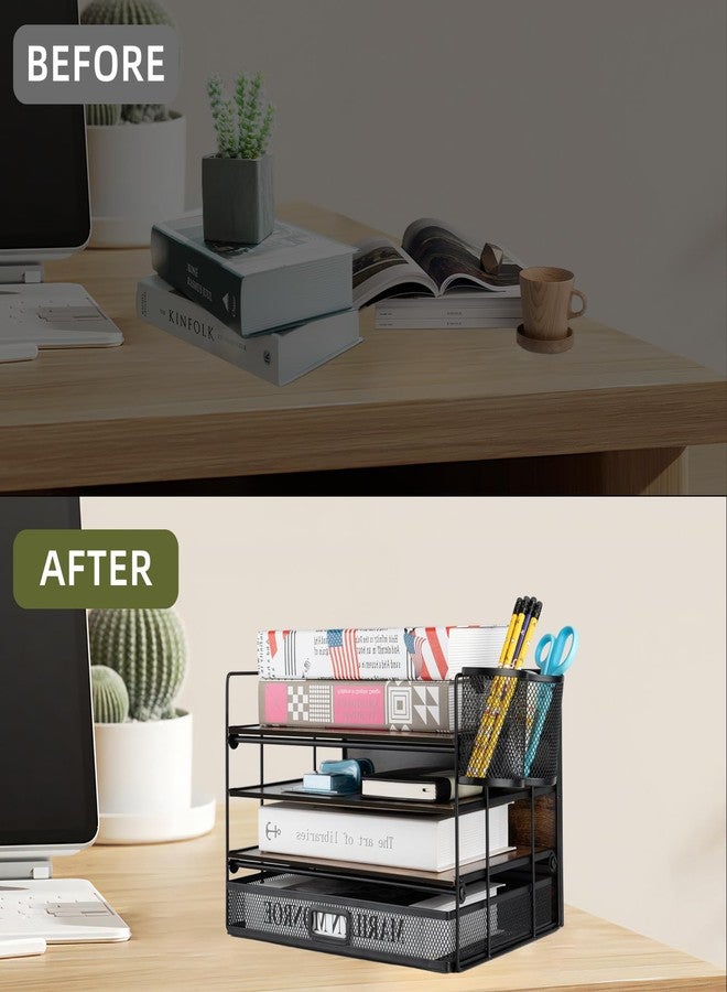 ZNMYDMT 4 Tier Desk Organizers and Accessories, Paper Letter Tray Organizer,Vintage Wood Desk File Organizer with Drawer and 2 Pen Holders for School Home Office Supplies - Image 5
