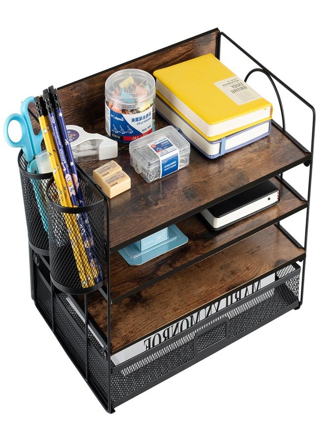 ZNMYDMT 4 Tier Desk Organizers and Accessories, Paper Letter Tray Organizer,Vintage Wood Desk File Organizer with Drawer and 2 Pen Holders for School Home Office Supplies - Image 1