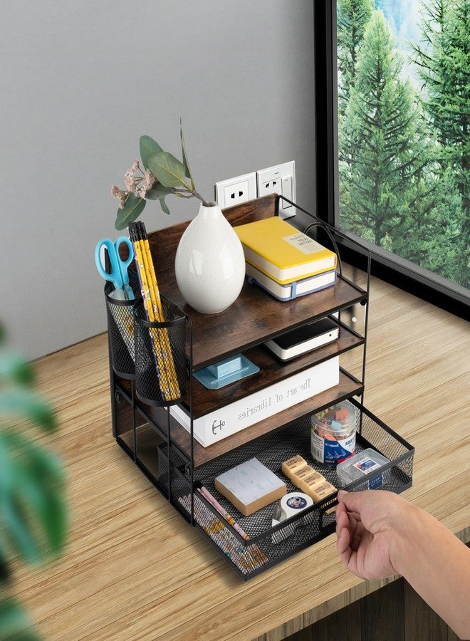 ZNMYDMT 4 Tier Desk Organizers and Accessories, Paper Letter Tray Organizer,Vintage Wood Desk File Organizer with Drawer and 2 Pen Holders for School Home Office Supplies - Image 2