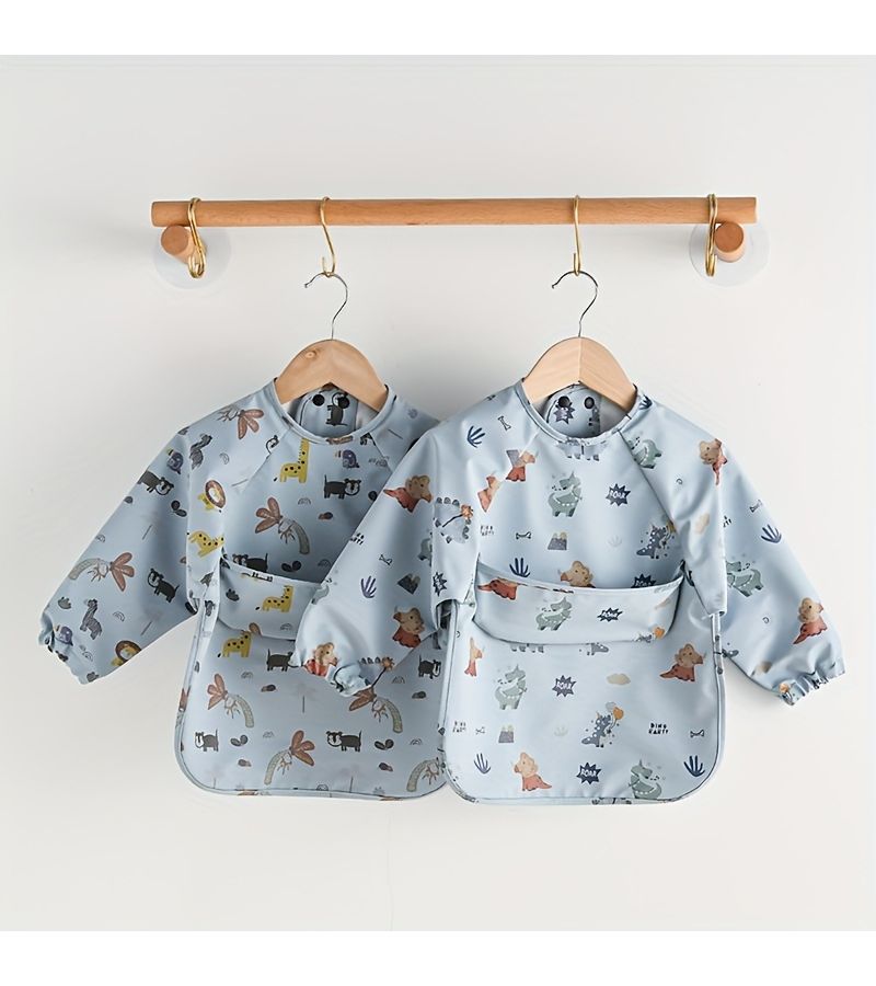 Blue Triceratops Baby Bib And Apron Size M For Mealtime Protection Infant Toddler Smock - Image 5