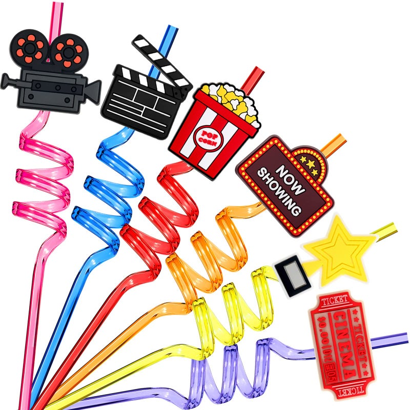 Suclain 24 Pack Movie Night Party Supplies Drinking Straws PET Projector Popcorn Trophy Plastic Red Carpet Decorations for Favors  Assorted Gold Rainbow  One Size - Image 1