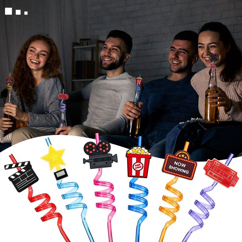 Suclain 24 Pack Movie Night Party Supplies Drinking Straws PET Projector Popcorn Trophy Plastic Red Carpet Decorations for Favors  Assorted Gold Rainbow  One Size - Image 4