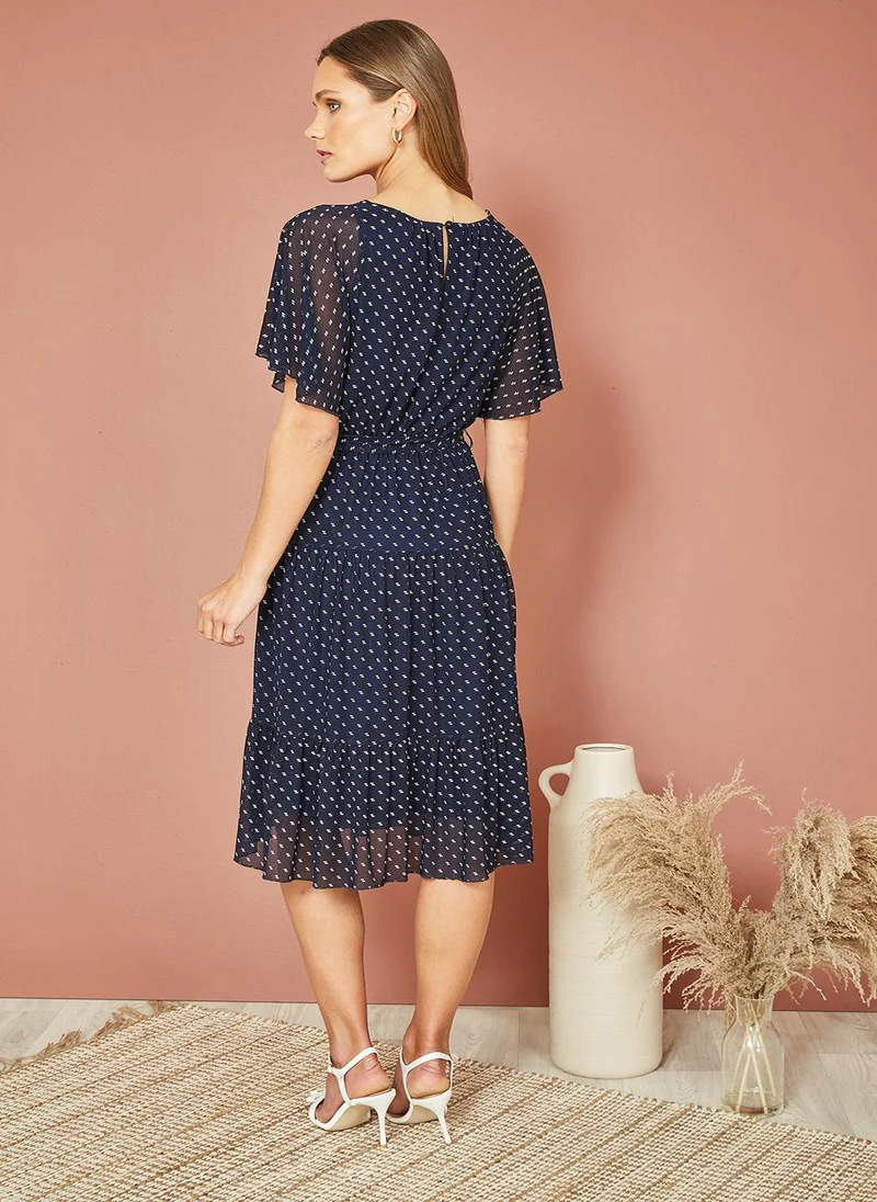 Yumi Yumi Navy Dot Print Mesh Stretch Midi Skater Dress