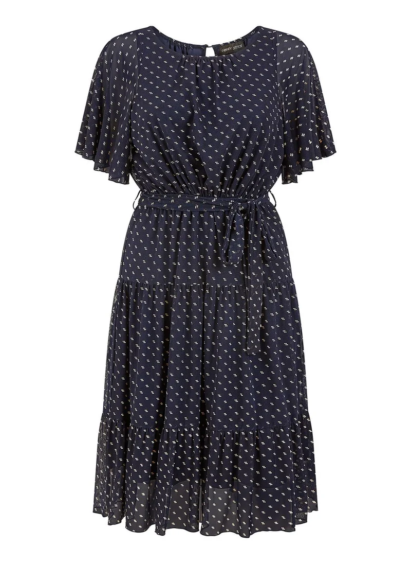 Yumi Yumi Navy Dot Print Mesh Stretch Midi Skater Dress