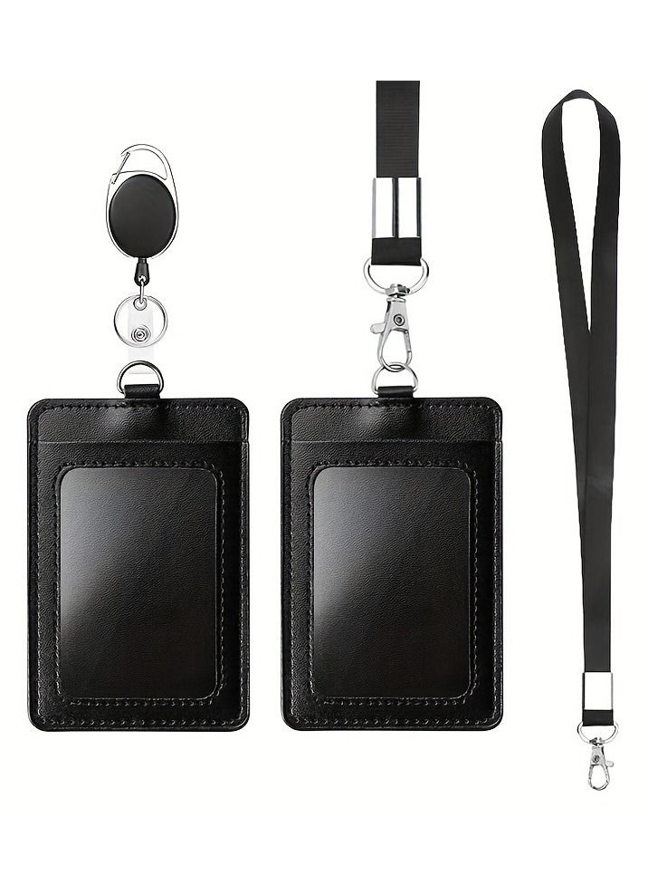 general Office Badge Holder, Vertical PU Leather ID Card Holder with 1 Clear Window, Detachable Neck Lanyard Strap, Retractable Reel Holders Set and Pen Case - Image 1