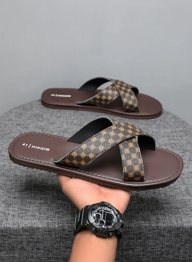 Take Two Men Brown Patterned Cross-Strap Flip Flops