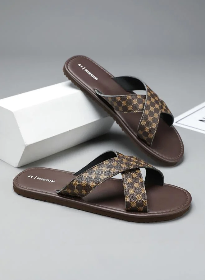 Take Two Men Brown Patterned Cross-Strap Flip Flops