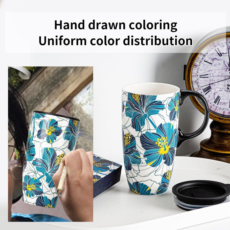 Topadorn Ceramic Mug Porcelain Latte Tea Cup Coffee Mug with Gift Box,17oz.Travel Cup with Lid, Vintage Navigation Style - Image 3