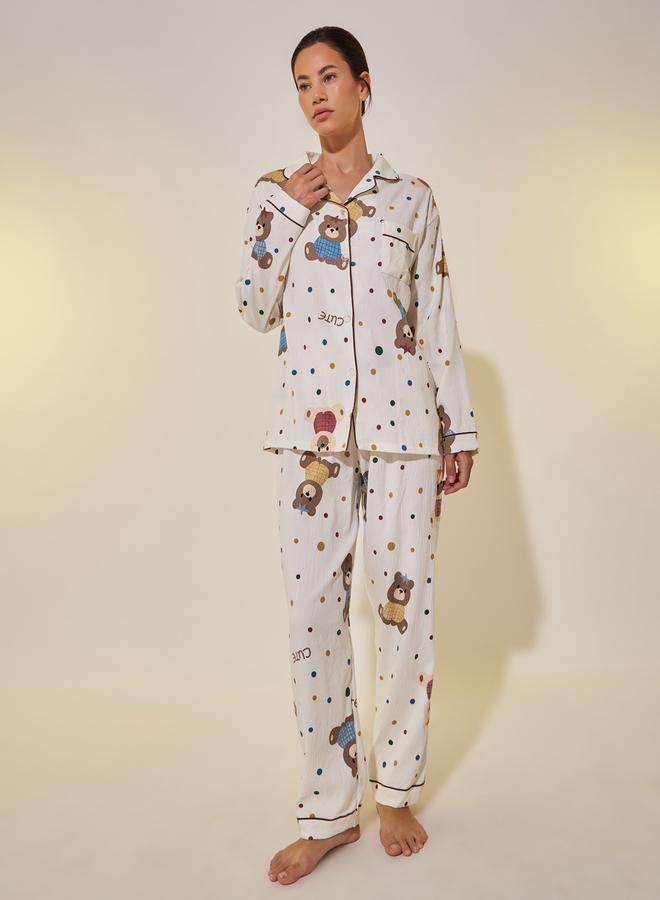 Take Two Bear Print Long Sleeve Shirt and Pyjama Set - Image 1