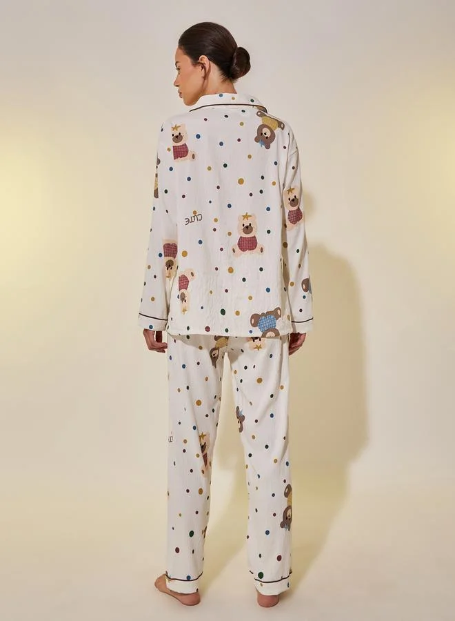 Take Two Bear Print Long Sleeve Shirt and Pyjama Set