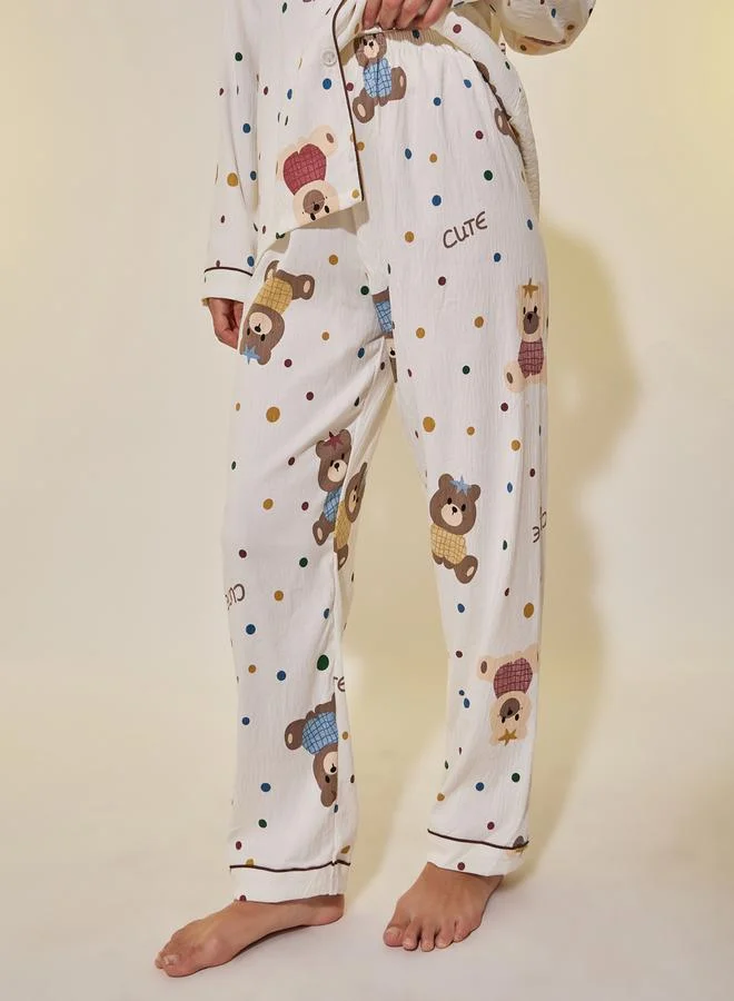 Take Two Bear Print Long Sleeve Shirt and Pyjama Set
