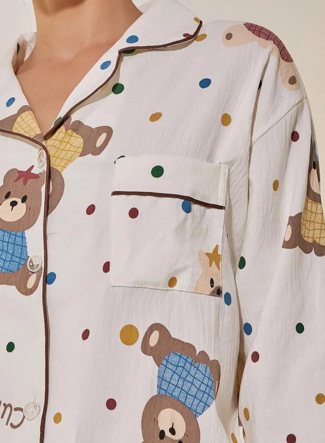 Take Two Bear Print Long Sleeve Shirt and Pyjama Set