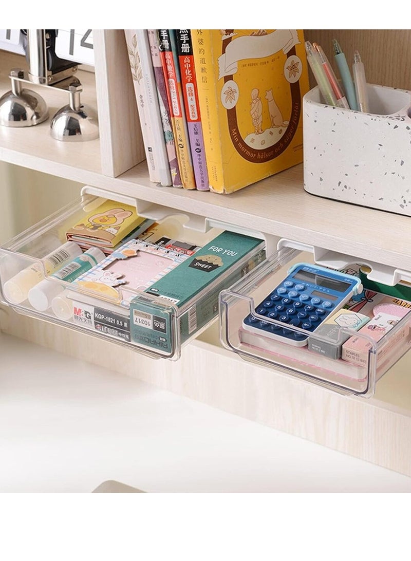 SRLIWHITE 2 Pack Under Desk Drawer, Self-Adhesive Slide Out Organizer Tray, Plastic Stick On Table Hidden Attachable Drawer Tray for Office Home School Kitchen(Transparent)  - Image 1