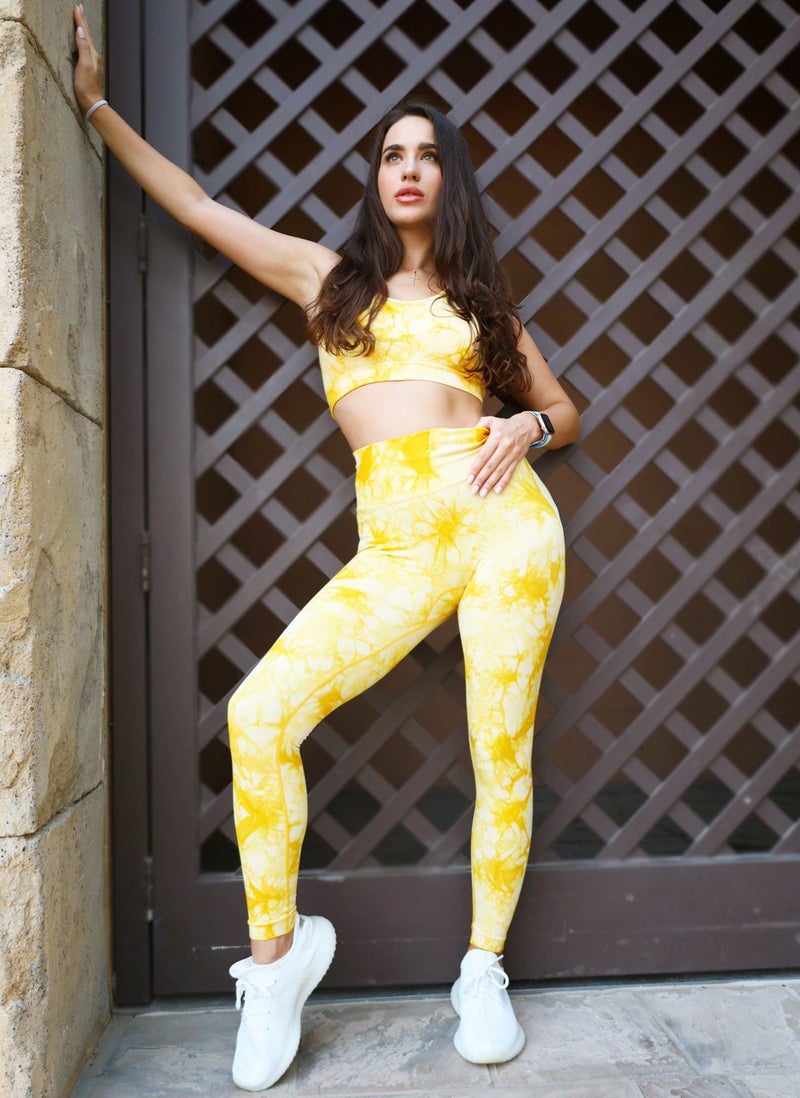 KIDWALA ACTIVE Kidwala 2 Pieces Tie Dye Set - High Waisted Leggings with Sports Strappy Back & round neck Bra Workout Gym Yoga Outfit for Women (Small, Yellow) - Image 2