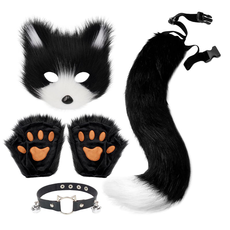 QinRuan Therian Mask Animal Wolf Paw Gloves & Furry Cat Ears Collar Set with Fox Tail - Cosplay Costume Kit - Image 1