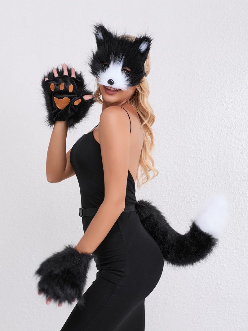 QinRuan Therian Mask Animal Wolf Paw Gloves & Furry Cat Ears Collar Set with Fox Tail - Cosplay Costume Kit - Image 2