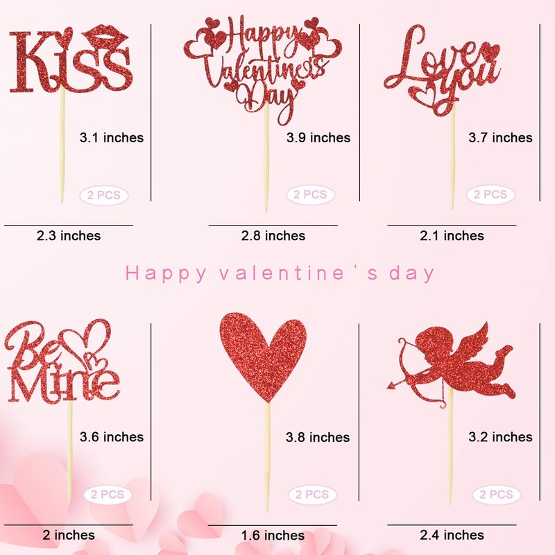 Chewarelly 24Pcs Happy Valentine's Day Cupcake Topper, Glitter Cupcake Decor Sweet Love Be Mine Valentines Cupcake Picks for Valentine's Day Theme Party Decorations Supplies(Red) - Image 2