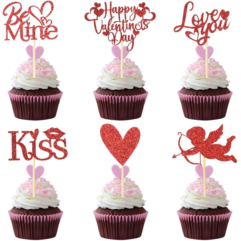 Chewarelly 24Pcs Happy Valentine's Day Cupcake Topper, Glitter Cupcake Decor Sweet Love Be Mine Valentines Cupcake Picks for Valentine's Day Theme Party Decorations Supplies(Red) - Image 1