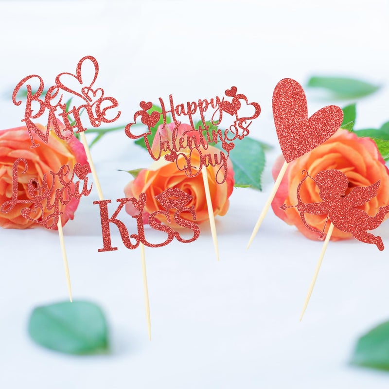 Chewarelly 24Pcs Happy Valentine's Day Cupcake Topper, Glitter Cupcake Decor Sweet Love Be Mine Valentines Cupcake Picks for Valentine's Day Theme Party Decorations Supplies(Red) - Image 4