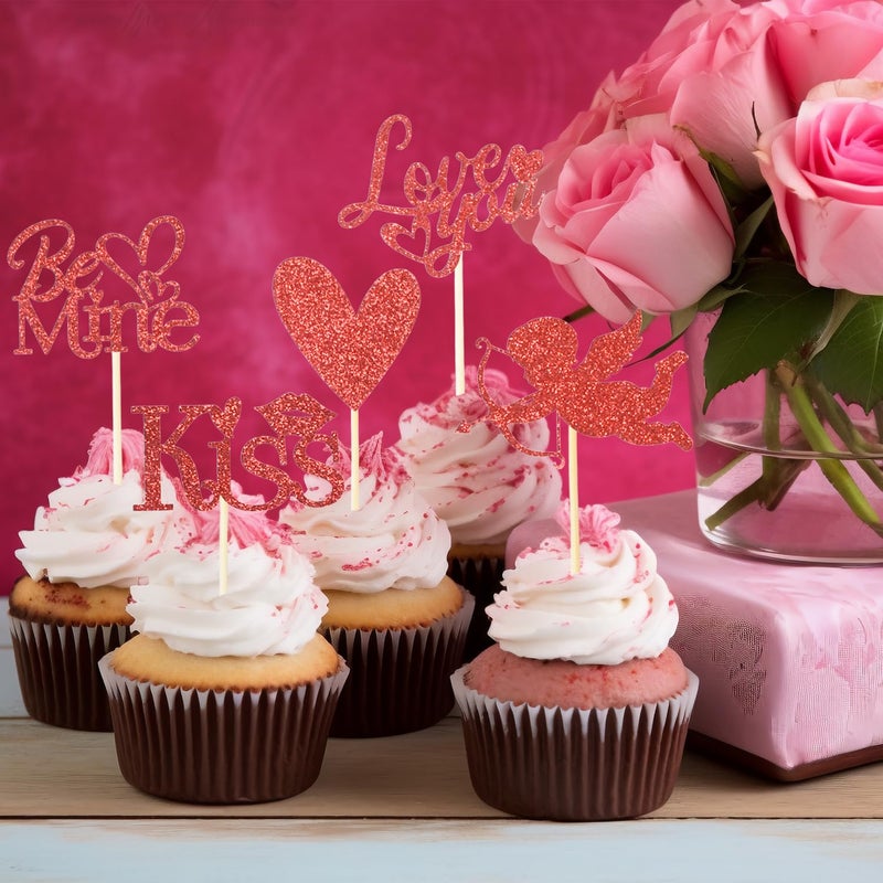 Chewarelly 24Pcs Happy Valentine's Day Cupcake Topper, Glitter Cupcake Decor Sweet Love Be Mine Valentines Cupcake Picks for Valentine's Day Theme Party Decorations Supplies(Red) - Image 3