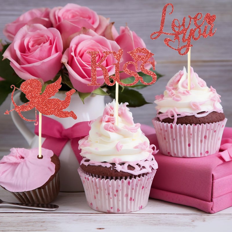 Chewarelly 24Pcs Happy Valentine's Day Cupcake Topper, Glitter Cupcake Decor Sweet Love Be Mine Valentines Cupcake Picks for Valentine's Day Theme Party Decorations Supplies(Red) - Image 5