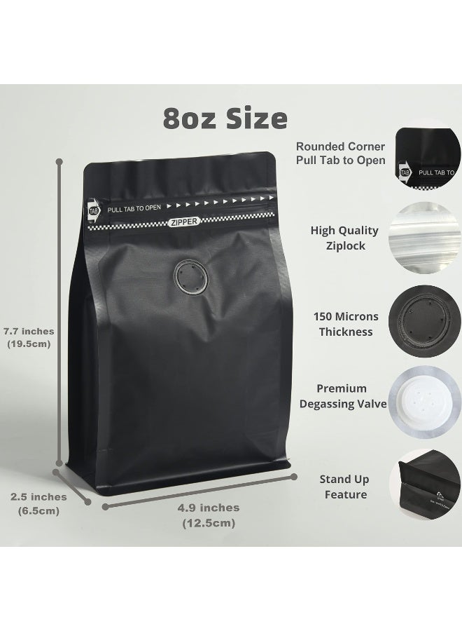 Dovva 25pcs Coffee Storage, Coffee Bags with Valve (8 oz,0.5lb）Black High Barrier Aluminum Foil Flat Bottom Standing Coffee Beans Storage Bags, Reusable Heat Sealable Side Zipper Pouches for Home or Store  - Image 2