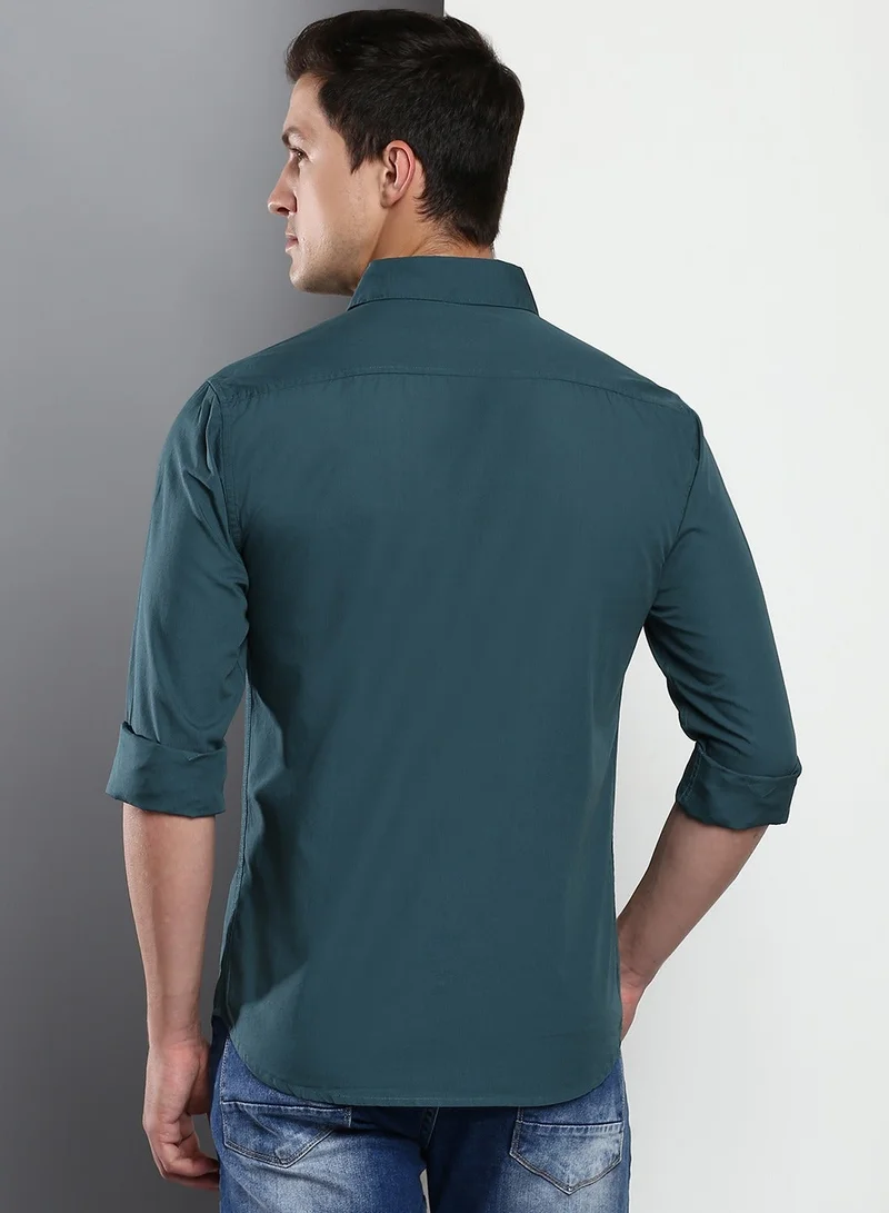 Dennis Lingo Men's Slim Fit Peacock Blue Casual Cotton Spread Shirt