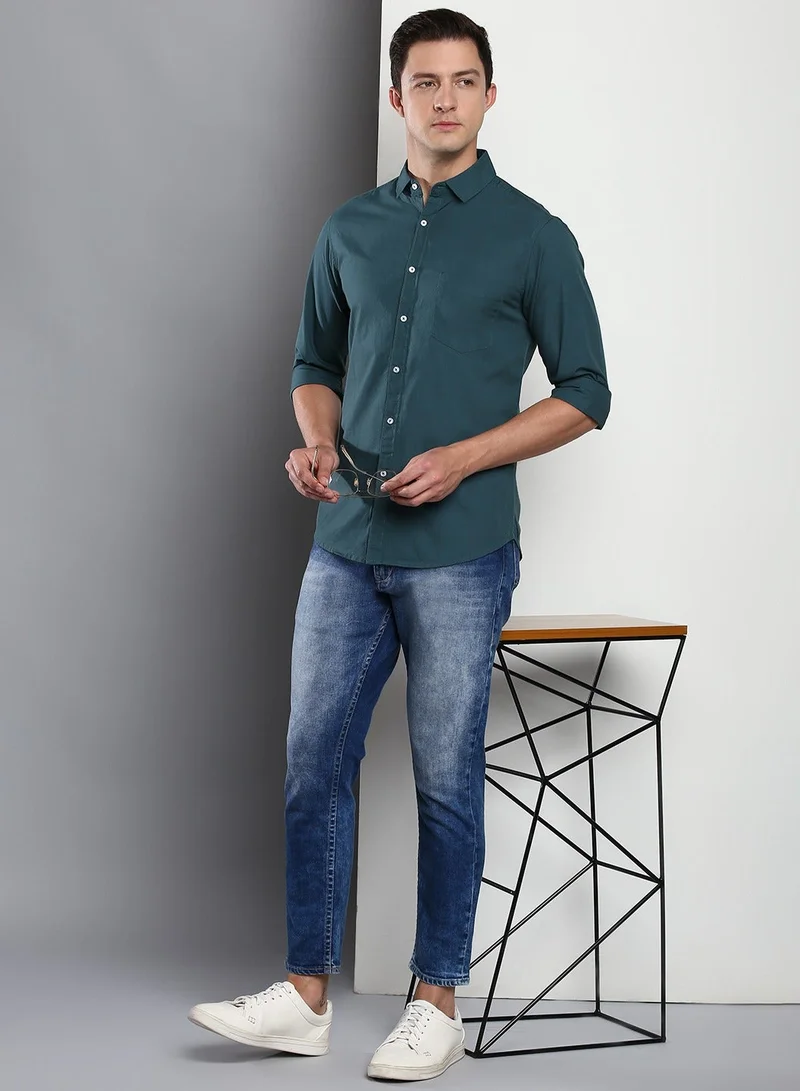 Dennis Lingo Men's Slim Fit Peacock Blue Casual Cotton Spread Shirt