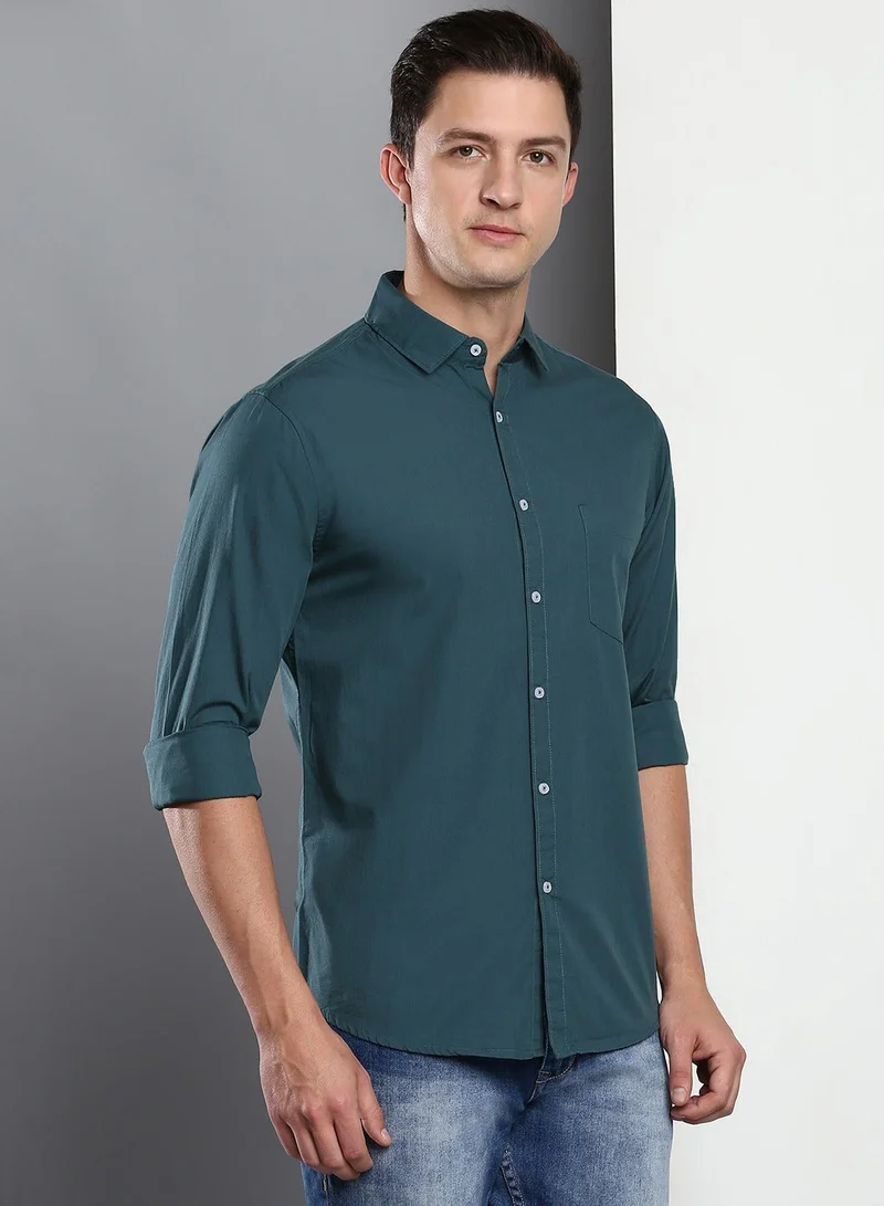 Dennis Lingo Men's Slim Fit Peacock Blue Casual Cotton Spread Shirt