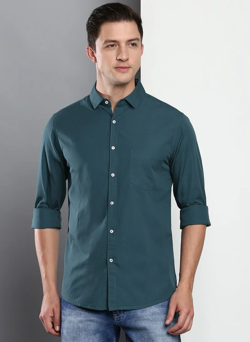 Dennis Lingo Men's Slim Fit Peacock Blue Casual Cotton Spread Shirt