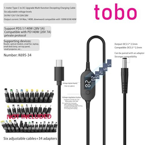 Tobo Universal PD Fast Charger, USB-C to DC 5.5x2.5mm 5V/9V/12V/15V/20V Multi-Voltage Adapter Cable with LED Display, for Phones, Laptops, Tablets, Led Light, Lamps, Cameras, Routers TD-1272CC - Image 3