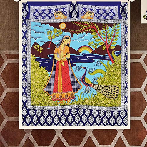 UNIBLISS 100% Cotton Rajasthani Jaipuri Double Bedsheet with 2 Pillow Covers - Blue - Image 2
