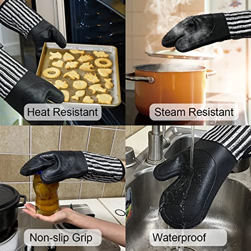 Alselo Silicone Oven Mitts Heat Resistant 932℉ with Waterproof & Non-Slip Kitchen Mittens, Set of 2 Extra Long Oven Gloves with Soft Cotton Terry Lining for Baking Cooking Barbecue (2, Black Mitts) - Image 4