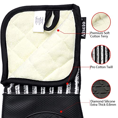 Alselo Silicone Oven Mitts Heat Resistant 932℉ with Waterproof & Non-Slip Kitchen Mittens, Set of 2 Extra Long Oven Gloves with Soft Cotton Terry Lining for Baking Cooking Barbecue (2, Black Mitts) - Image 5