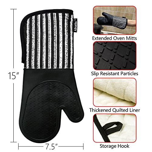 Alselo Silicone Oven Mitts Heat Resistant 932℉ with Waterproof & Non-Slip Kitchen Mittens, Set of 2 Extra Long Oven Gloves with Soft Cotton Terry Lining for Baking Cooking Barbecue (2, Black Mitts) - Image 3