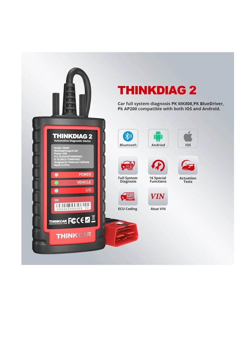 THINKCAR - Thinkcar ThinkDiag 2 Bluetooth OBD2 Diagnostic Scanner for All Vehicles with 15 Reset Functions for All System Diagnostic Support OBDII / EOBD / CAN-FD Protocol 1 Year all Software Free - Image 1
