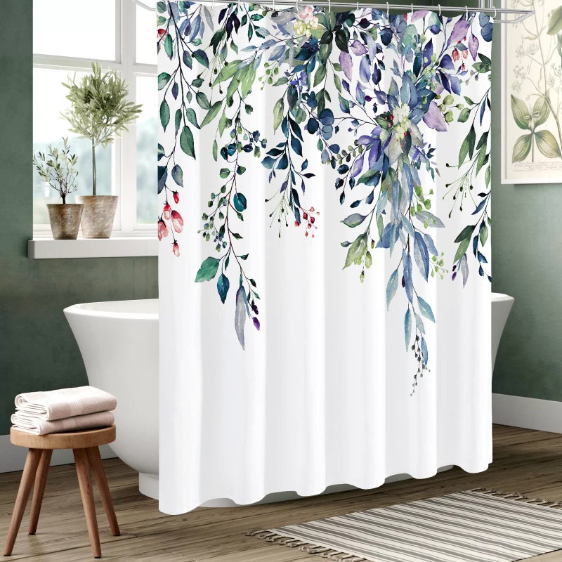 Gibelle Extra Long Shower Curtain 72 x 84  Green Eucalyptus Leaves Shower Curtain  Watercolor Floral Plant Bathroom Curtains Shower Set with Hooks - Image 1