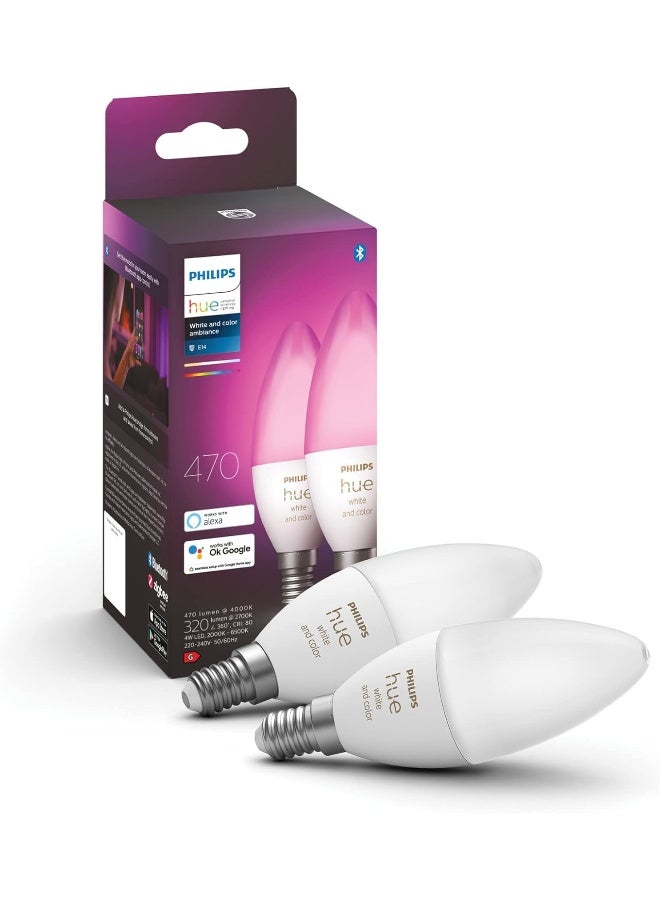 Philips 2-Piece Hue E14 Led Bulb White 11.7 X 3.9Cm White and Colour Ambiance - Image 1