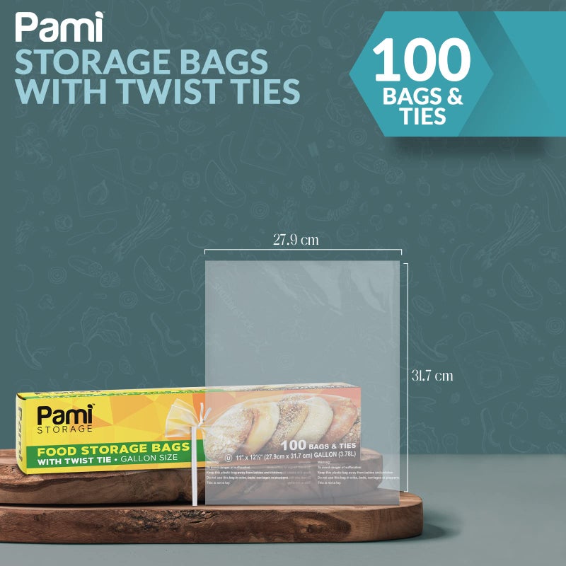 PAMI Gallon Twist Tie Storage Bags - 100 Disposable Plastic Food-Safe Baggies with Ties, 11x12.5 in, Versatile for Kitchen, Home, Office Uses - Image 2