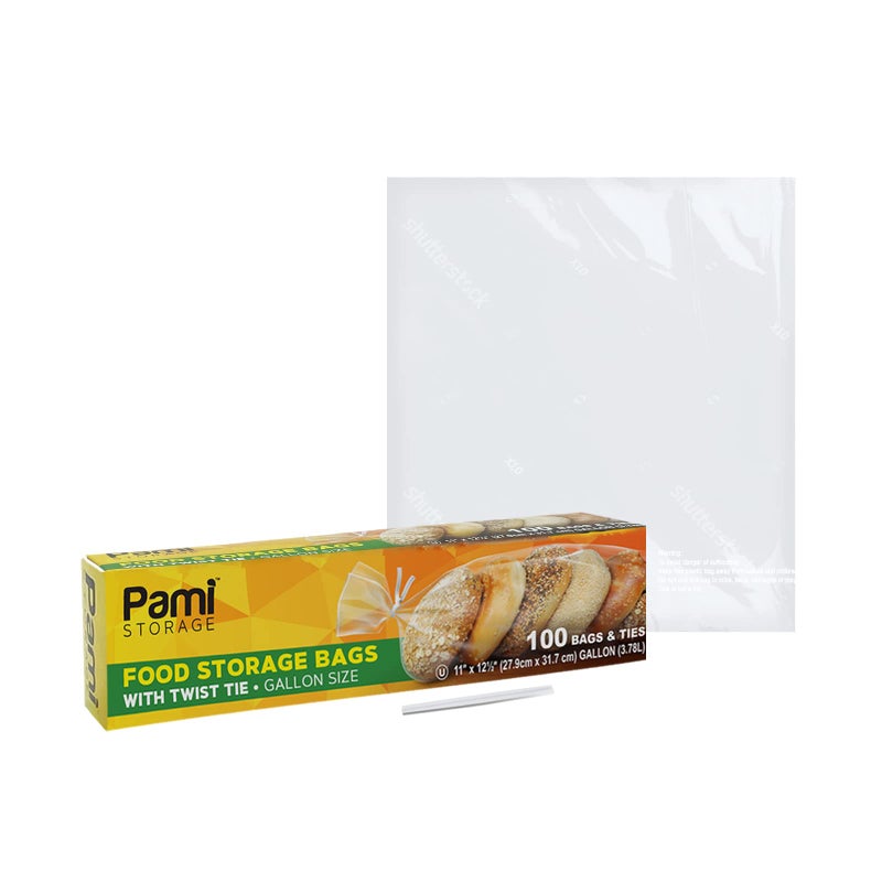PAMI Gallon Twist Tie Storage Bags - 100 Disposable Plastic Food-Safe Baggies with Ties, 11x12.5 in, Versatile for Kitchen, Home, Office Uses - Image 1