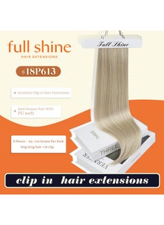 Full Shine Full Shine Hair Extensions Real Human Hair Clip ins Blonde Highlight Seamless Clip in Human Hair Extensions 18 Inch 8 Pcs PU Clip in Extensions Skin Weft Clip in Hair Extensions 120 Grams  - Image 2