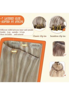 Full Shine Full Shine Hair Extensions Real Human Hair Clip ins Blonde Highlight Seamless Clip in Human Hair Extensions 18 Inch 8 Pcs PU Clip in Extensions Skin Weft Clip in Hair Extensions 120 Grams  - Image 4