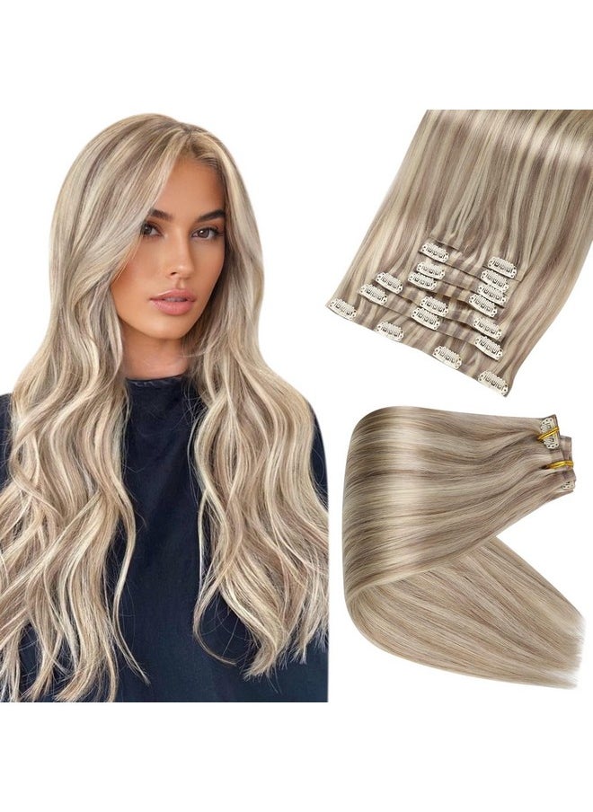 Full Shine Full Shine Hair Extensions Real Human Hair Clip ins Blonde Highlight Seamless Clip in Human Hair Extensions 18 Inch 8 Pcs PU Clip in Extensions Skin Weft Clip in Hair Extensions 120 Grams  - Image 1