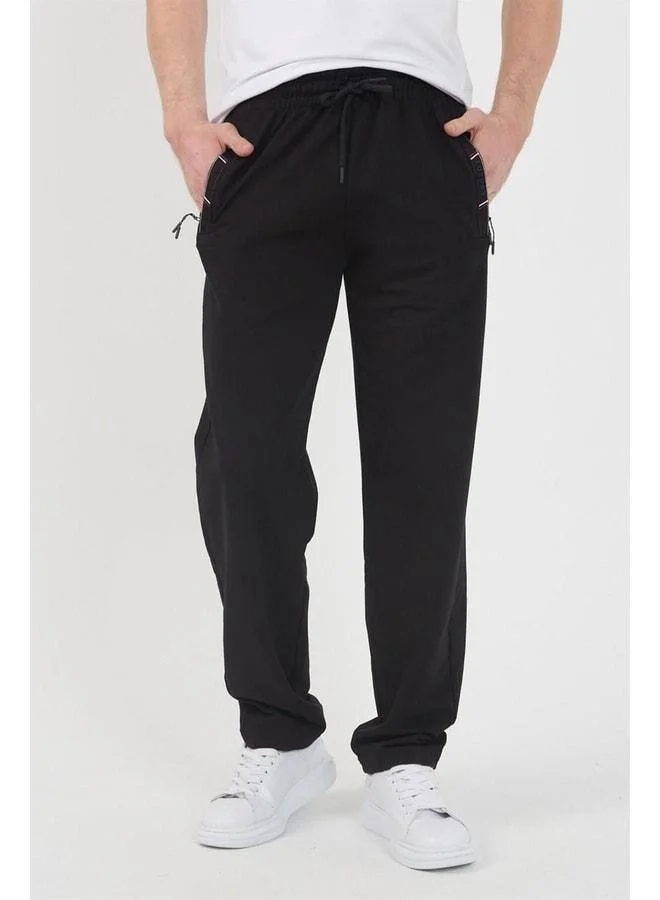 Mmetalic Black Men's Straight-Leg Relaxed-Fit Sweatpants with Zipper Pocket and Embroidery Detail