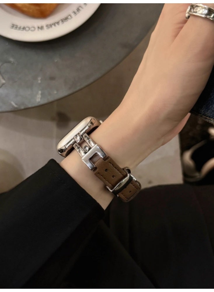 Metal Leather erfly Buckle Strap Brown Suitable For 41MM (iWatch 7-9 generations)Use - Image 4