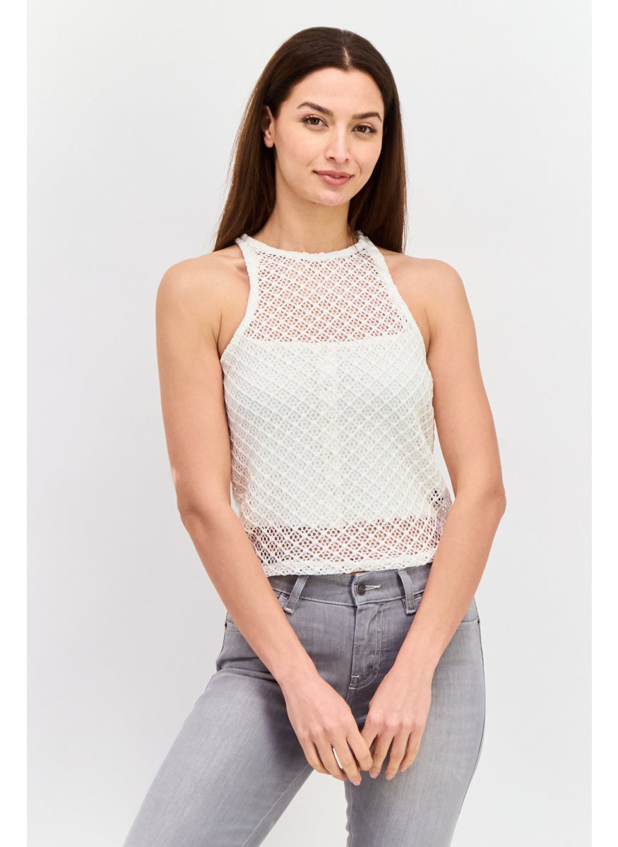 UNDIZ Women Crew Neck Sleeveless Textured Top, White  - Image 1