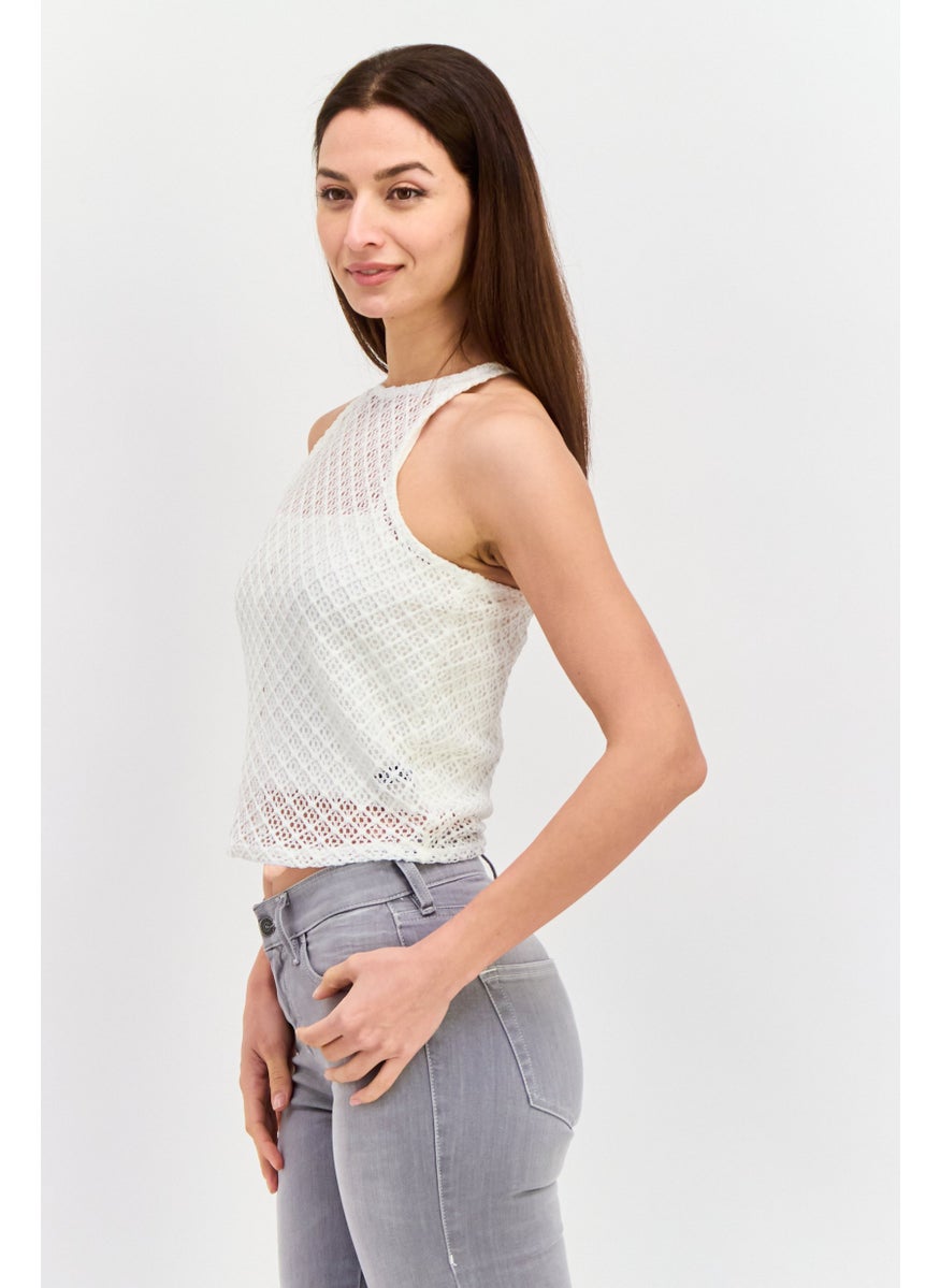 UNDIZ Women Crew Neck Sleeveless Textured Top, White  - Image 2