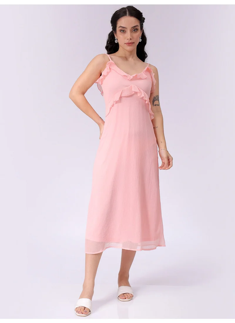 Freehand Women Casual A Line Solid Ruffle V-Neck Long Length Ruffle Dress