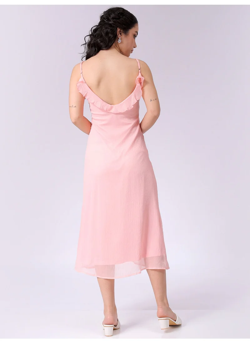 مرفوعة Women Casual A Line Solid Ruffle V-Neck Long Length Ruffle Dress